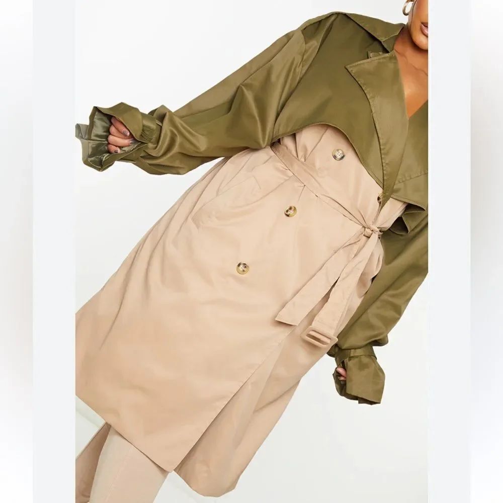 NEW Prettylittlething Khaki Contrast Oversized Midi Trench Coat Women’s 4